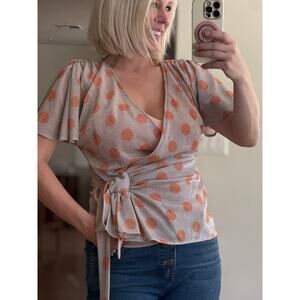 Eva Franco Medium Silver Gray and Orange Metallic Wrap Blouse, Lined Top